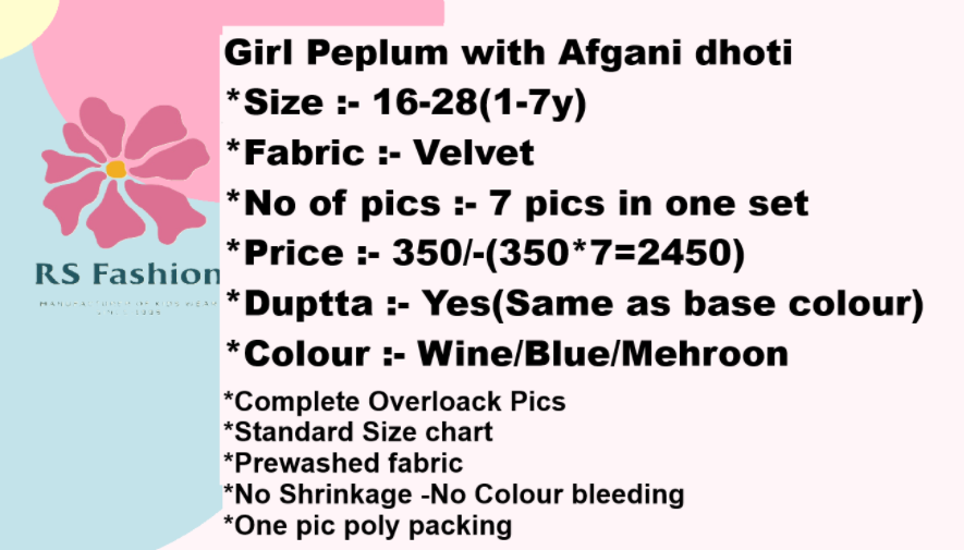 Girl Velvet Peplum Dhoti sets in wholesale